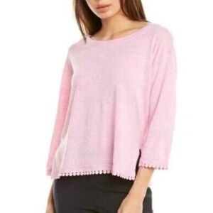 J Crew Pink Linen Sweater with Pink Pom Pom Trim - S